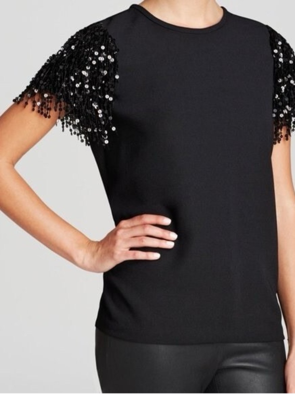 KATE SPADE Black Crepe Sequin Fringe Short Sleeve Top Blouse Shirt Party Size 4